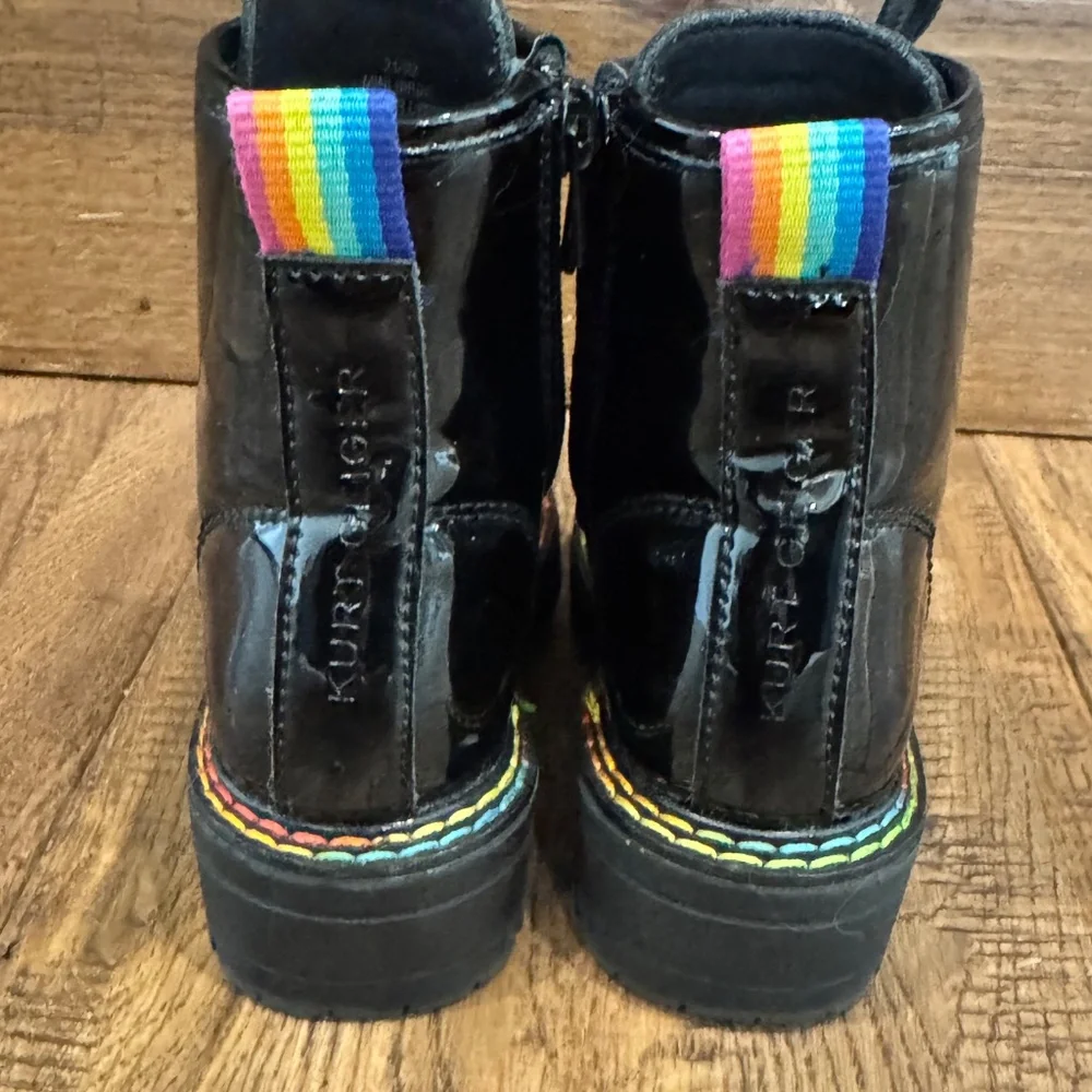 New Kurt‎ Geiger London Mini Birdie Black Patent Combat Boots Rainbow Size 5